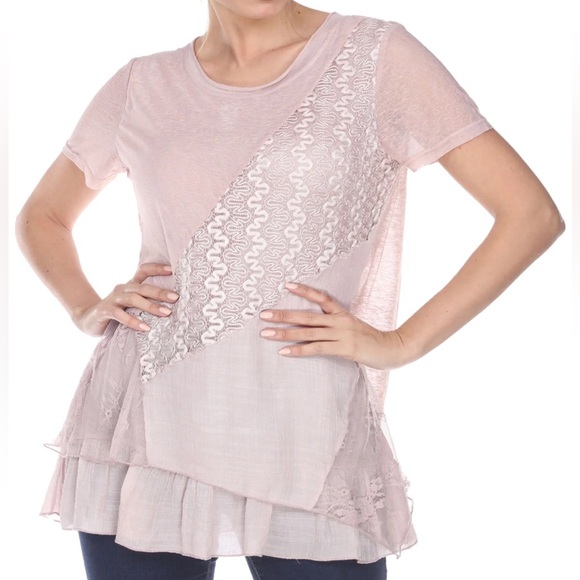 Simply Couture Pale Pink Short Sleeve Lace Ruffle Sheer Overlay Top Plus Size 2X - Picture 1 of 10